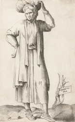 Kostümplatte: Hispania Rustica mit Wäsche auf dem Kopf, ca. 1557-58