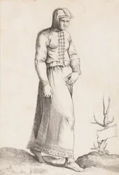 Kostümplatte: Frau mit Kapuzengewand, ca. 1557-58