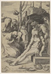 Begräbnis Christi, dessen Brust von Joseph von Arimathäa ergriffen wird, mit zwei knienden Figuren, 1543