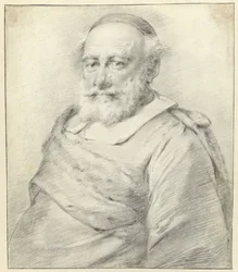 Porträt eines Mannes mit weißem Bart und Mütze, nach links