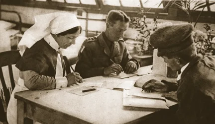 Australier und Wehrpflicht: Wie die australische Abstimmung in einem Londoner Krankenhaus durchgeführt wird, Illustration aus The Illustrated War News, 25. Oktober 1916