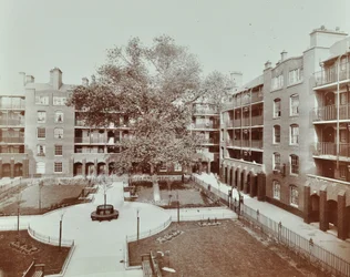 Caledonian Road Gebäude: Blick auf Innenhof, Gärten und Wohnungen, London