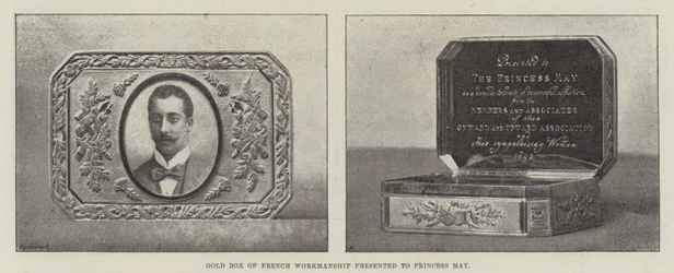 Goldene Schatulle französischer Herstellung, Prinzessin May überreicht