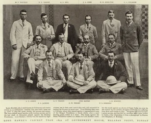 Lord Hawkes Cricket-Team 1892 im Regierungshaus, Malabar Point, Bombay