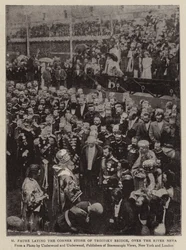 M. Faure legt den Grundstein der Troitsky-Brücke über den Fluss Newa