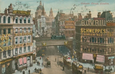 Postkarte vom Ludgate Circus, London, gesendet 1913 (handkoloriertes Foto)
