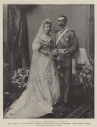 Die königliche Hochzeit in Coburg, Prinz Ernst von Hohenlohe-Langenburg und seine Braut, Prinzessin Alexandra, in ihrem Hochzeitskleid