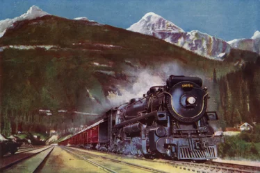 2-10-4 Dampflokomotive der Canadian Pacific Railway am Fuße der Rocky Mountains, Kanada