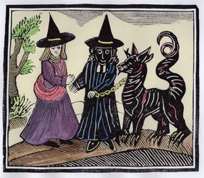 Eine schwarze und eine weiße Hexe mit einem Teufelstier, Illustration aus einer Sammlung von Chapbooks über Esoterik (spätere Kolorierung)