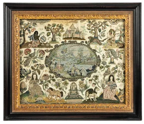 Ein Charles II Stickbild von Afrika und der Neuen Welt, ca. 1660-70