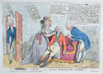 Ein Feigling getröstet, oder eine Szene unmittelbar nach dem Duell, veröffentlicht von J. Aitken 1789