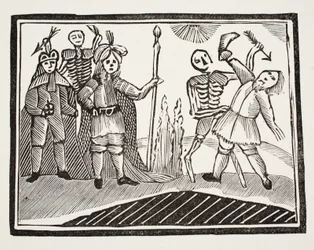 Ein Dialog zwischen einem Blinden und dem Tod, Illustration aus Chap-books des achtzehnten Jahrhunderts von John Ashton, veröffentlicht 1882