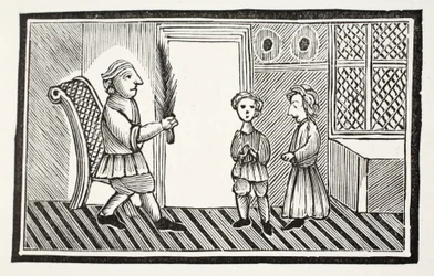 Ein Vater und seine Söhne, Illustration aus Chap-books des achtzehnten Jahrhunderts von John Ashton, veröffentlicht 1882
