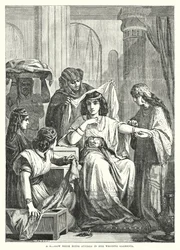 Eine hebräische Braut wird in ihre Hochzeitskleider gekleidet (Gravur)