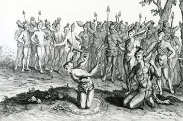 Ein König von Florida konsultiert seinen Magier vor dem Kampf, Illustration aus Moores Reisen und Reisen, 1778