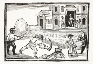 Ein Mann mäht Gras mit einer Sense, die alles vor sich nahm, Illustration aus Chap-books des achtzehnten Jahrhunderts von John Ashton, veröffentlicht 1882