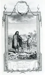Eine patagonische Frau und ein Junge in Begleitung von Commodore Byron, Illustration aus Moores Reisen und Reisen, 1778