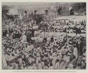 Friedensschluss zwischen der hinduistischen und mohammedanischen Bevölkerung von Patan, in der Provinz Kathiawar, Indien (Gravur)