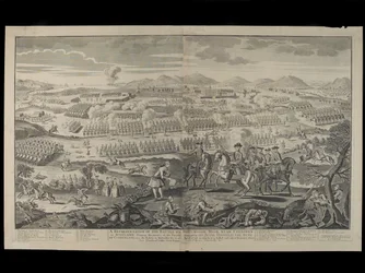 Eine Darstellung der Schlacht auf dem Drumossie Moor in der Nähe von Culloden in Schottland, 16. April 1746, veröffentlicht von Henry Overton, 30. Juni 1746