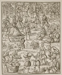 Ein königliches Picknick, Platte aus Noble Art of Venerie and Hunting von George Turberville, 1575