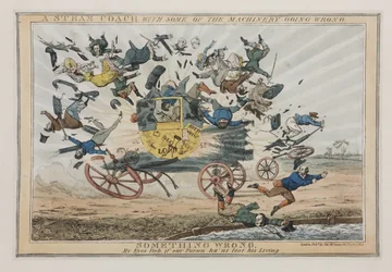 Eine Dampfkutsche mit einigen defekten Maschinen, um 1825