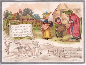 Viktorianische Weihnachtskarte mit einer älteren Frau und zwei Kindern auf einem Bauernhof, ca. 1880