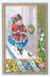 Viktorianische Neujahrskarte mit einem Mädchen in einem pelzgefütterten Umhang, das einen Blumenstrauß hält und im Schnee geht, ca. 1880