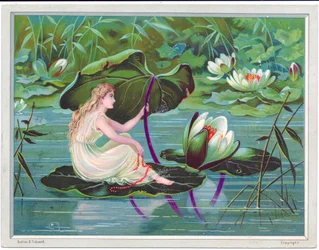 Viktorianische Grußkarte mit einer Fee, die auf einem Bach auf einem Lotusblatt segelt, mit einem Lotusblatt als Baldachin, ca. 1880