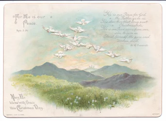 Viktorianische religiöse Weihnachtskarte mit fliegenden Tauben in Form eines Kreuzes, ca. 1880