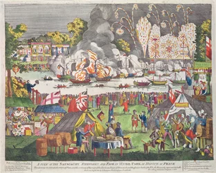 Eine Ansicht der Naumachie, Feuerwerk und Messe im Hyde Park zu Ehren des Friedens, veröffentlicht von G. Thompson, 1814