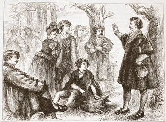 Ein Wittenberger Student predigt in der Lindenwiese, Illustration aus Die Geschichte des Protestantismus von James Aitken Wylie, veröffentlicht 1878