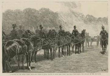 Eine Batterie der Royal Horse Artillery feuert einen königlichen Salut im Hyde Park ab, als die Glocken die Eröffnung des Imperial Institute verkündeten