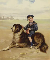 Ein Junge sitzt auf seinem Hund am Strand