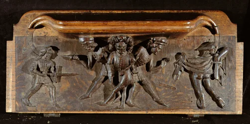 Eine beschädigte Miserikordie, die drei Männer zeigt, die mit Dolchen und Schwertern kämpfen, New College Chapel, Oxford, spätes 14. Jahrhundert