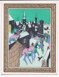 Eine handkolorierte französische Pochoir-Weihnachtskarte mit einer Parade von Musikern, die in den Festungsmauern eines Schlosses auftreten, ca. 1920