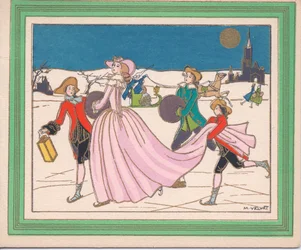 Eine handkolorierte französische Pochoir-Weihnachtskarte einer Dame in einem fließenden rosa Kleid, die mit Begleitern, die eine Laterne und ihren Schleier halten, Schlittschuh läuft, um 1920