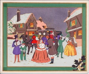 Handkolorierte französische Pochoir-Weihnachtskarte einer Dorfszene mit Kutsche und Pferden, um 1920