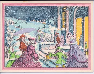 Eine handkolorierte französische Pochoir-Weihnachtskarte von Partygästen, die im Schnee zu einem Herrenhaus kommen, ca. 1920