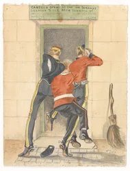 Ein Husar, ein Infanterist und ein Dragoner in Dienstuniform, die um den Eingang einer Kantine kämpfen, ca. 1890