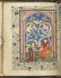 Ein kniender Schüler, möglicherweise der Autor, Norton, der ein Buch von seinem Meister erhält, mit Engeln, Schriftrollen und einer Taube darüber. Ordinal der Alchemie. Thomas Norton, 4. Viertel des 15. Jahrhunderts