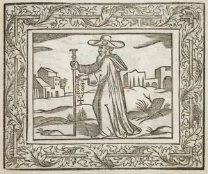 Ein Mann, der einen Stab und ein Kruzifix hält, Illustration aus 