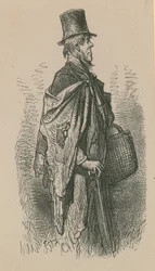 Ein Mann mit Zylinder und Schal, der einen Korb trägt