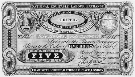 Eine nationale gerechte Arbeitsbörse-Note, vorgeschlagen von Robert Owen (1771-1858), 1833