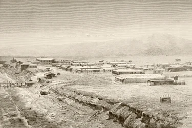 Eine Ansicht des 19. Jahrhunderts von Mejillones, Chile (Lithografie)