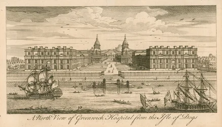 Eine Nordansicht des Greenwich Hospital, London, von der Isle of Dogs