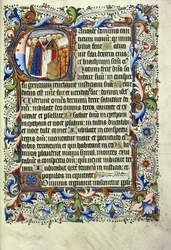 Eine Seite aus einem Psalter auf Latein mit einer Initiale, die eine Gruppe von Mönchen vor einem Lesepult zeigt, ca. 1455