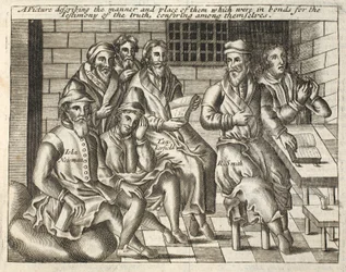 Ein Bild, das die Art und den Ort derjenigen beschreibt, die wegen des Zeugnisses der Wahrheit in Fesseln waren und untereinander konferierten, Illustration aus Acts and Monuments von John Foxe, neunte Ausgabe, veröffentlicht 1684