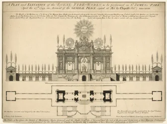 Ein Plan und eine Ansicht des königlichen Feuerwerks, das am 27. April 1749 im St James