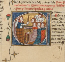Ein Priester exkommuniziert Menschen durch das Heben einer Kerze, Royal MS 6 E VII, f.75v