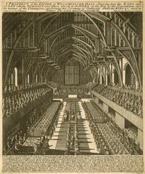 Einblick in die Westminster Hall, wie der König und die Königin mit dem Adel und anderen am Krönungstag zu Tisch saßen